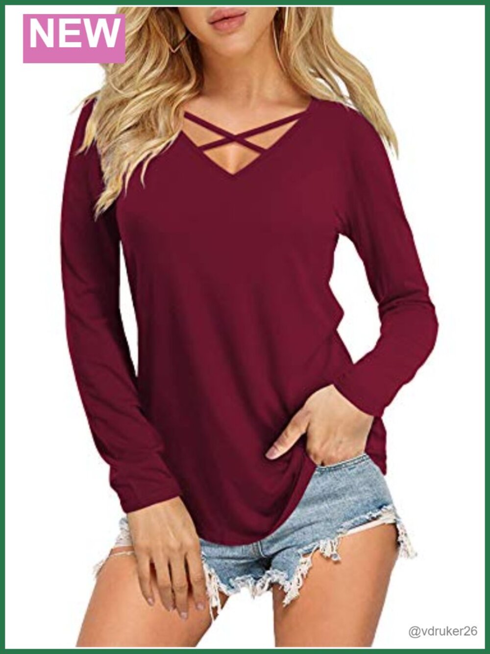 Women's V Neck Criss Cross Front T-Shirt Stretch Slim Fit Curved Hem Tee